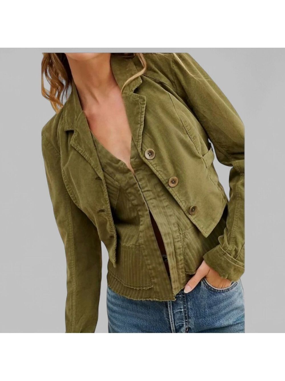 Free People Army Green Corduroy Heritage Jacket with Vest Size M-like new - Picture 13 of 15